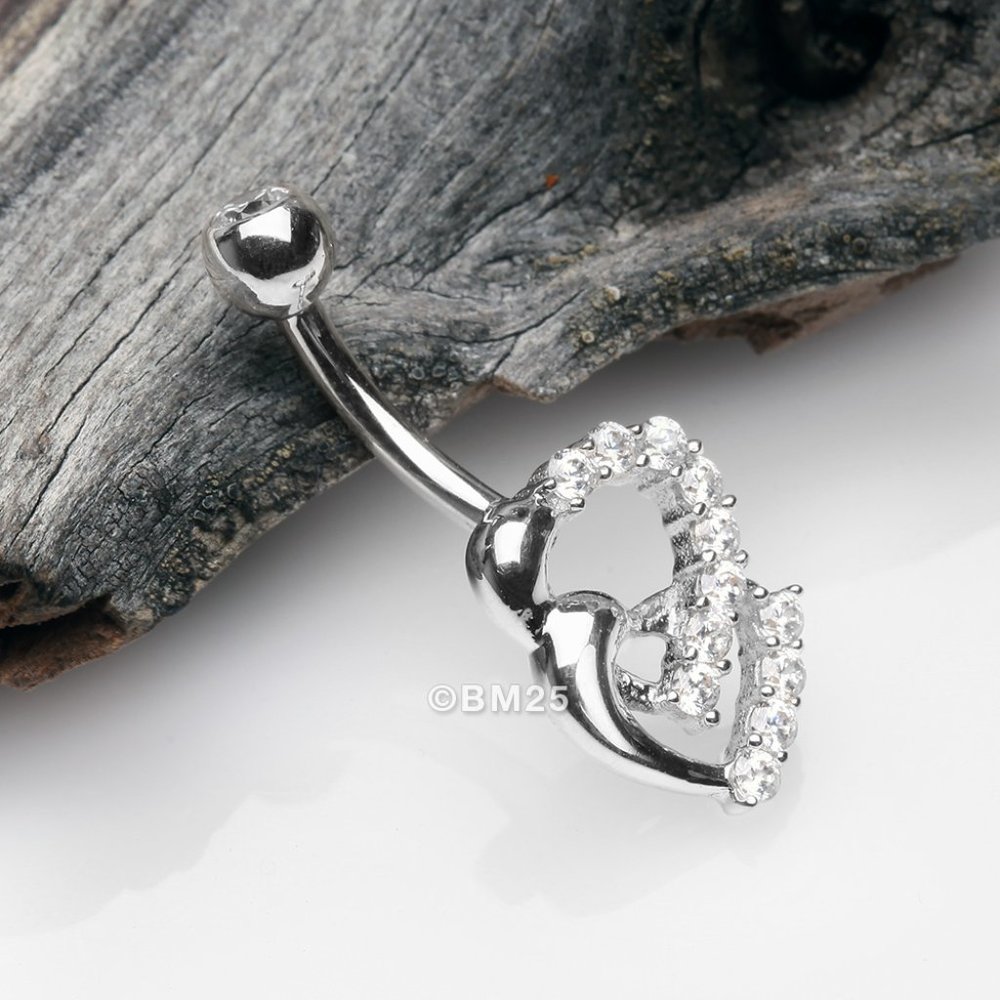 14 Karat White Gold Double Hearts Sparkle Loop Belly Button Ring